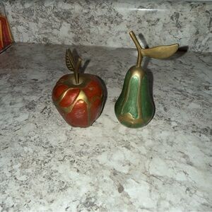 vintage brass and enamel apple and pear paperweight figurines
